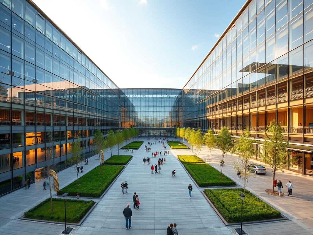 Shot on Sony A7R IV, a high-resolution panoramic view of the Berliner Messegelände in 2025. The modern exhibition center features a striking glass façade, reflecting the dynamic energy of the surrounding city. Manicured green spaces and airy walkways lead visitors through the expansive complex, which hosts international trade fairs, conferences, and cultural events. Warm, natural lighting filters through the windows, creating a welcoming and inviting atmosphere. The scene conveys a sense of forward-thinking design and efficient functionality, perfectly suited for the vibrant events and activities taking place within.