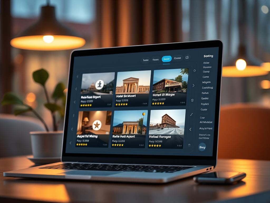 Shot on Sony A7R IV, a sleek, modern hotel booking platform user interface displays a variety of hotel options near Berlin's major airport. Warm, soft lighting casts a cozy ambiance, with subtle details like hotel logos, star ratings, and intuitive layout guiding the user's attention. The scene conveys professionalism and efficiency, reflecting the convenience of online hotel booking for air travelers. Polarizer filter enhances color vibrancy and clarity, creating a hyperrealistic, sharply defined image that invites the viewer to explore the booking process.