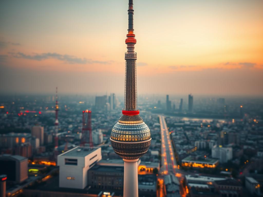 A breathtaking, high-resolution image of the iconic Berliner Fernsehturm, its towering spire illuminated in a mesmerizing display of light. The foreground captures the stunning architecture, with intricate details of the stainless steel façade gleaming under the soft, diffused glow of the evening sky. In the middle ground, the surrounding cityscape is bathed in a warm, golden hue, creating a captivating contrast with the cooler tones of the tower. The background features a panoramic view of the city skyline, with the tower standing tall and proud, a beacon of Berlin's vibrant culture. Captured with a Sony A7R IV, this hyperrealistic image showcases the tower's elegant beauty, enhanced by the use of a polarizer filter for a crisp, defined look.