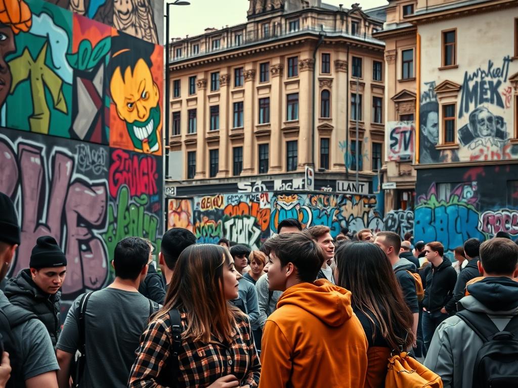 A bustling Berlin street filled with vibrant murals and graffiti-covered walls, capturing the city's rich urban culture. In the foreground, a group of young people engrossed in a lively conversation, their expressions and gestures conveying the energy of the scene. The middle ground features a diverse array of street art, ranging from abstract geometric patterns to bold, expressive figures. In the background, the towering facades of historic buildings create a striking contrast with the contemporary, rebellious artworks. Captured with a Sony A7R IV, the image is sharply defined, with a polarizer filter enhancing the vivid colors and deep shadows, resulting in a hyperrealistic, immersive depiction of Berlin's vibrant street art and youth culture.