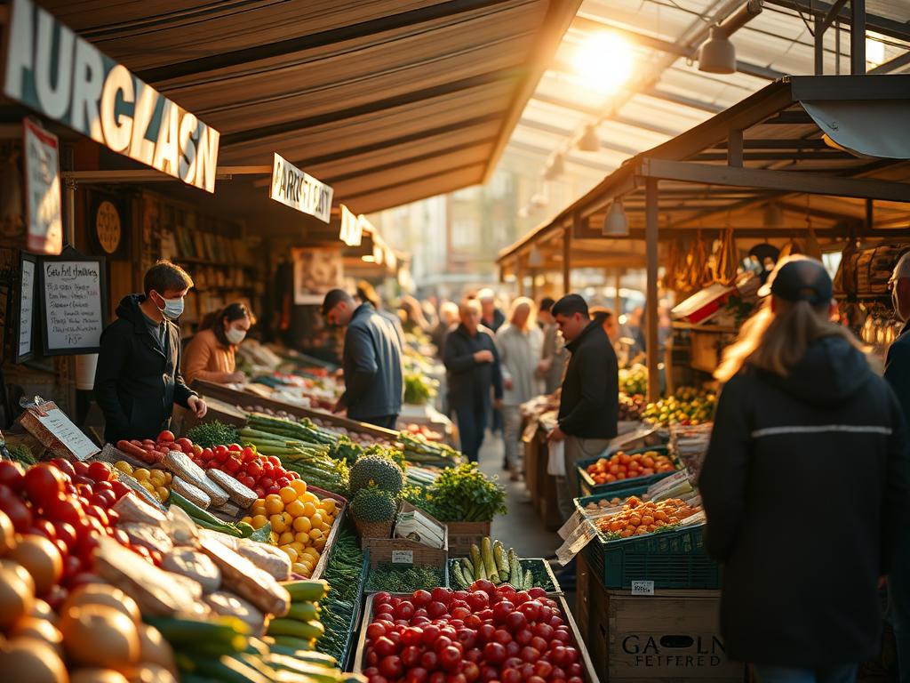 A bustling farmers' market at the Maybachufer in Berlin-Neukölln, captured with a Sony A7R IV and polarizer filter. An array of vibrant, locally-sourced produce and artisanal goods fill the stalls, from fresh fruits and vegetables to handcrafted breads and cheeses. Warm sunlight filters through the scene, casting a soft, golden glow over the market and its patrons browsing the diverse offerings. The atmosphere is lively and authentic, with vendors enthusiastically showcasing their wares and shoppers engaging in friendly banter. A hyperrealistic, sharply defined image that immerses the viewer in the heart of this thriving community marketplace.