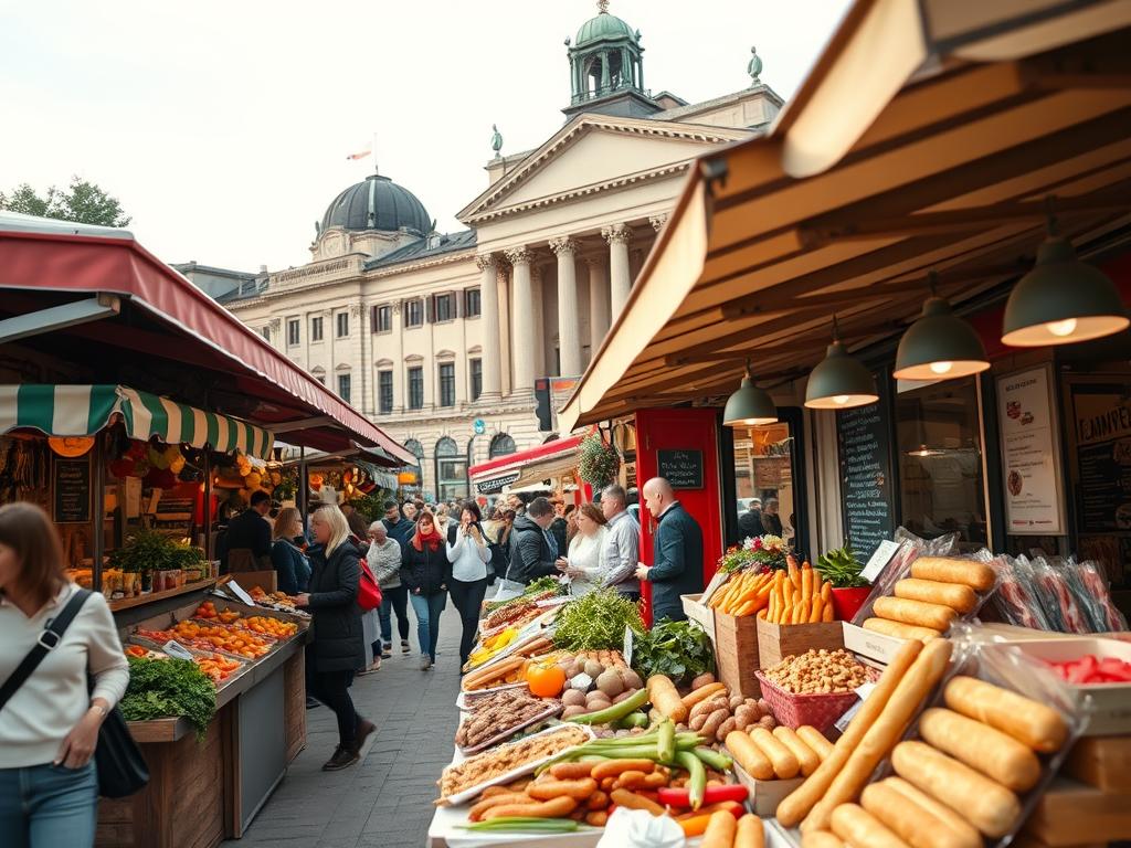 A bustling outdoor market in the heart of Berlin, showcasing the vibrant culinary diversity of the city. Colorful stalls brimming with fresh produce, artisanal breads, cured meats, and local delicacies. Lively crowds peruse the offerings, their senses captivated by the aroma of sizzling currywurst and the tantalizing display of Berliner Pfannkuchen. In the background, the iconic architecture of the city provides a stunning backdrop, while natural light filters through the scene, casting a warm, inviting glow. The scene exudes a lively, authentic atmosphere, capturing the essence of Berlin's rich food culture and local traditions.