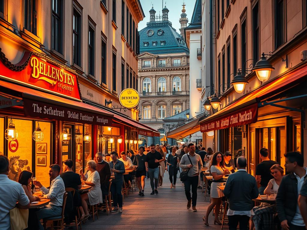 A bustling street in the heart of Berlin, showcasing the iconic Berliner Spezialitäten restaurants. Warm, golden lighting bathes the scene, highlighting the inviting storefronts adorned with traditional German decor. Patrons spill out onto the sidewalk, savoring hearty dishes and frothy beers. The middle ground is filled with the lively chatter of locals and tourists, while in the background, the distinctive architecture of the city provides a picturesque backdrop. Captured with a Sony A7R IV, this hyperrealistic image conveys the vibrant, authentic atmosphere of these renowned culinary destinations.