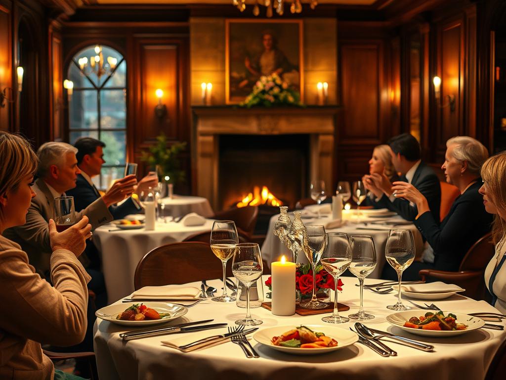 A cozy, elegant Michelin-starred restaurant in Berlin, filled with a festive, celebratory atmosphere. Warm lighting casts a golden glow, reflecting off the crisp white tablecloths and gleaming silverware. Intricately plated, gourmet dishes sit atop the tables, complemented by fine crystal glassware and flickering candles. In the background, a grand fireplace crackles, while soft, live music drifts through the air. Smartly dressed patrons converse animatedly, raising their glasses in toast. The ambiance is one of refined luxury, perfect for marking a special occasion.