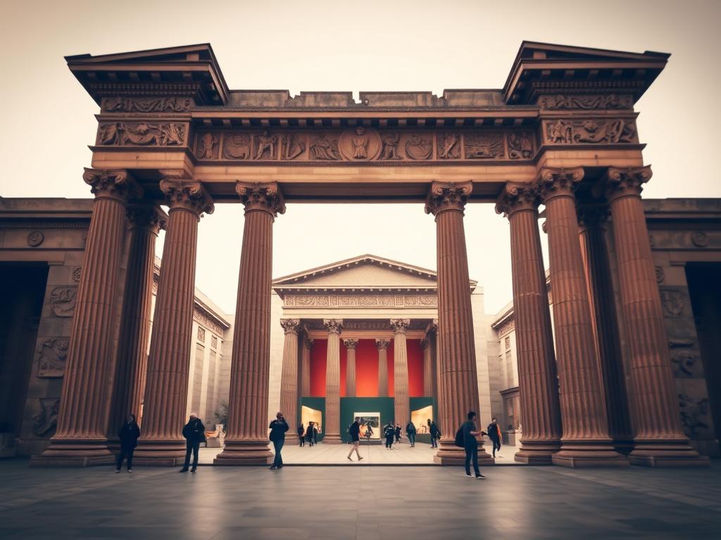 A grand and imposing entrance to the Pergamon Museum, with its iconic Acropolis Gate and Ishtar Gate in the foreground. The museum's striking architecture, featuring ornate columns and intricate stonework, creates a majestic and awe-inspiring atmosphere. The mid-ground showcases the museum's serene interior, with visitors exploring the ancient artifacts and exhibits. The background is a warm, diffused light, capturing the museum's welcoming ambiance. The overall scene conveys the grandeur and historical significance of this renowned institution, inviting viewers to experience the wonders of the ancient world.