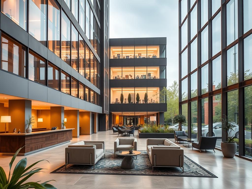 A modern, upscale family hotel in the heart of Berlin Mitte, the NH Berlin Mitte Familienhotel stands tall against the city skyline. Its sleek, contemporary facade, accented by large windows, invites guests to step inside and discover the hotel's cozy, family-friendly atmosphere. The lobby is bright and airy, with plush seating areas and a welcoming reception desk. In the distance, glimpses of the hotel's lush garden can be seen through the windows, promising a tranquil oasis amidst the bustling city. The resulting image, captured with a Sony A7R IV and a polarizer filter, will be a sharp, hyperrealistic depiction of this inviting Familienhotel, conveying the perfect balance of modern elegance and comfortable, family-oriented hospitality.