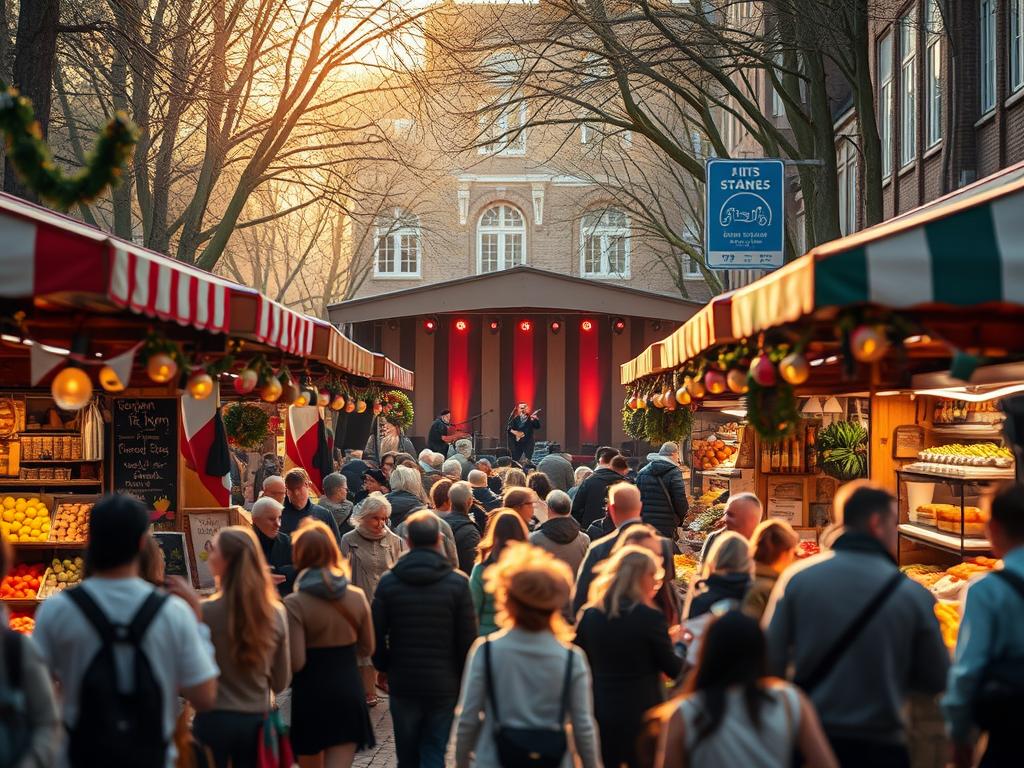 A vibrant, bustling scene at the Maybachufer Markt in Berlin-Neukölln in the year 2025. The market stalls are adorned with festive decor, offering an array of local artisanal goods, fresh produce, and delectable street food. Crowds of people meander through the market, examining the wares and sampling the delicacies on offer. In the background, a stage is set up, where musicians and performers entertain the lively crowd. The scene is bathed in the warm glow of the afternoon sun, creating a captivating and inviting atmosphere. The image is captured with a Sony A7R IV, utilizing a polarizer filter to enhance the vibrancy and clarity of the scene, resulting in a hyperrealistic and sharply defined visual representation of this special event at the Maybachufer Markt.