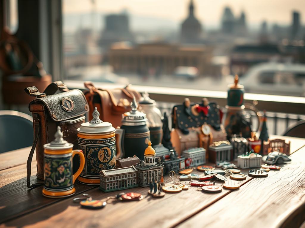 A vibrant display of unique Berlin souvenirs for special occasions, artfully arranged on a wooden table. The scene is bathed in soft, natural lighting, highlighting the intricate details and textures of the items. In the foreground, a collection of traditional beer steins, handcrafted leather goods, and iconic Berlin landmarks in miniature form. The middle ground features a variety of ornaments, keychains, and magnets, each capturing the essence of the city. In the background, a subtle blur of the Berlin skyline provides a fitting backdrop, creating a sense of place and context. The overall mood is one of celebration and commemoration, inviting the viewer to explore the diverse range of unique souvenirs Berlin has to offer for special moments.