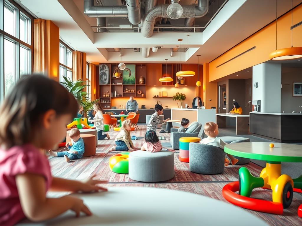 A vibrant, family-friendly hotel in the heart of Berlin, featuring a colorful indoor play area with a variety of activities and games. The space is bathed in warm, natural lighting from large windows, creating a welcoming and inviting atmosphere. In the foreground, children can be seen engaged in imaginative play, while the middle ground showcases cozy seating areas for parents to relax and supervise. The background reveals a modern, well-appointed hotel lobby with a concierge desk and other amenities, setting the scene for an enjoyable and stress-free family vacation. Shot on Sony A7R IV, clearly focused, sharply defined, polarizer filter, Hyperrealistic image.