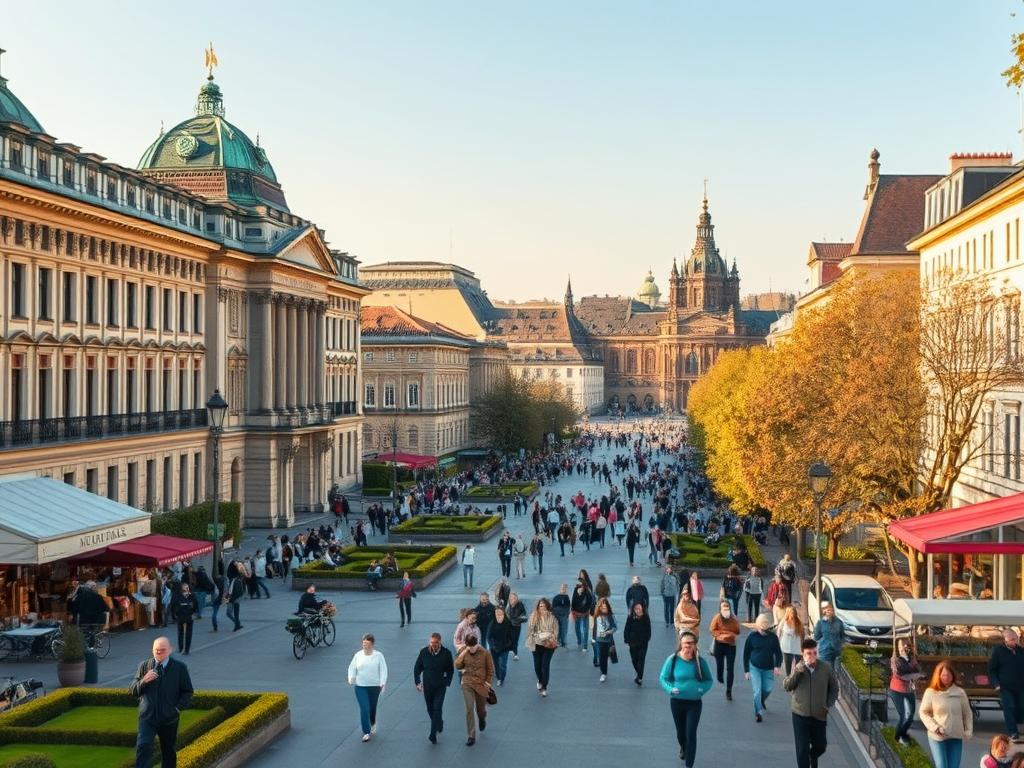 A vibrant, high-resolution image of the historic Schlossstraße in Berlin, capturing the area's renowned tourist attractions. In the foreground, the striking architecture of the iconic Charlottenburg Palace stands majestically, its ornate facades and manicured gardens inviting exploration. In the middle ground, throngs of visitors stroll along the bustling promenade, taking in the lively atmosphere and variety of shops and cafes. In the background, the tree-lined boulevard stretches into the distance, with the spires of nearby churches and landmarks punctuating the skyline. The scene is bathed in warm, natural lighting, with a polarizing filter enhancing the vivid colors and crisp details of this hyperrealistic, clearly focused image.