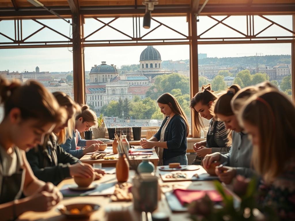 A vibrant scene of a creative youth workshop in Berlin, captured through the lens of a Sony A7R IV. The foreground features a group of young artists immersed in their craft, their hands skillfully shaping clay, painting vibrant canvases, or weaving intricate textiles. Bathed in warm, natural light filtered through a polarizer, their focused expressions convey a sense of deep engagement and joy. In the middle ground, the workshop space unfolds, with various stations and materials neatly arranged, inviting further exploration. The background reveals the iconic cityscape of Berlin, its historic architecture and lush greenery providing a picturesque backdrop to this creative hub. The overall scene exudes a sense of energy, inspiration, and the vibrant spirit of youth culture in the German capital.