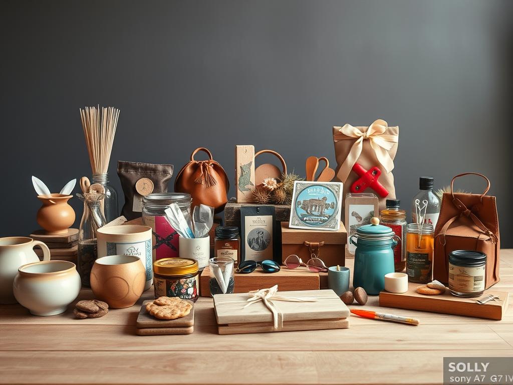 A vibrant still life featuring a curated selection of unique Berlin-themed gifts, artfully arranged on a natural wood surface. In the foreground, an assortment of locally-crafted ceramics, handmade leather goods, and artisanal food products. In the middle ground, a mix of quirky accessories and design objects that capture the creative spirit of the city. The background showcases a minimalist, monochromatic backdrop, allowing the colorful and textured items to take center stage. The lighting is soft and natural, casting subtle shadows that enhance the three-dimensional quality of the scene. Captured with a Sony A7R IV, the image is sharp, vivid, and hyperrealistic, inviting the viewer to explore the diverse and original gift options available in Berlin.