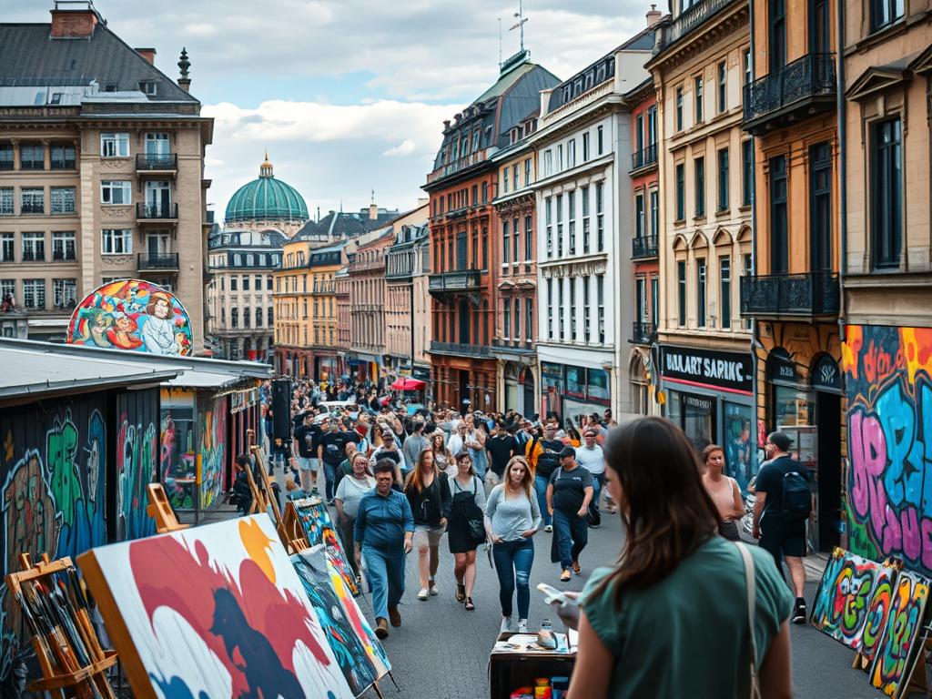 A vibrant street art festival in the heart of Berlin, featuring a dynamic collection of murals, graffiti, and interactive installations. The foreground showcases a group of artists at work, their brushstrokes and spray cans creating a captivating display of color and technique. In the middle ground, a crowd of enthusiastic spectators wanders through the festival, admiring the diverse array of artworks that adorn the surrounding buildings. The background is a tapestry of architectural wonders, from the iconic Berlin skyline to the historic facades that serve as the canvas for these urban masterpieces. Captured with a Sony A7R IV, the image is sharply defined, with a polarizer filter enhancing the vibrant hues and a hyperrealistic quality that transports the viewer to the heart of this vibrant celebration of street art.