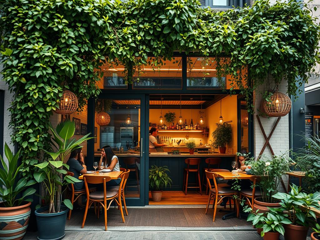 A vibrant, sustainable restaurant nestled in the heart of Berlin, its facade adorned with verdant vines and potted plants, inviting patrons to a culinary experience rooted in local, organic ingredients. Inside, warm lighting casts a cozy glow over wooden tables and chairs, where diners savor seasonal dishes prepared with care and mindfulness. The open kitchen showcases the chefs' commitment to transparency, while floor-to-ceiling windows offer glimpses of the bustling street outside. An oasis of eco-conscious dining, this establishment exemplifies the city's thriving culinary landscape, where gastronomy and sustainability seamlessly converge.