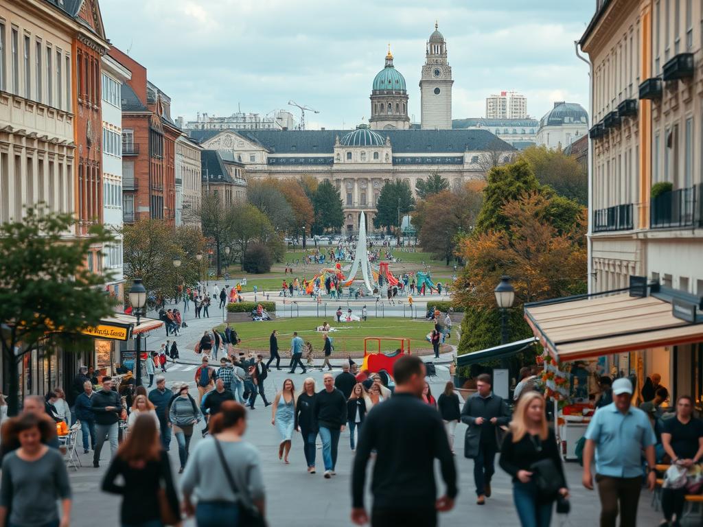 An inviting urban landscape along Berlin's Schlossstraße, showcasing the vibrant array of leisure activities available in the area. In the foreground, people stroll through a bustling pedestrian zone, browsing local shops and outdoor cafes. In the middle ground, a lively park setting with families picnicking and children playing on well-maintained playgrounds. In the background, a mix of historic and modern architecture frames the scene, creating a charming atmosphere. Soft, warm lighting and a shallow depth of field draw the viewer's eye to the dynamic human interactions, conveying the energy and enjoyment of leisure time in this vibrant neighborhood.