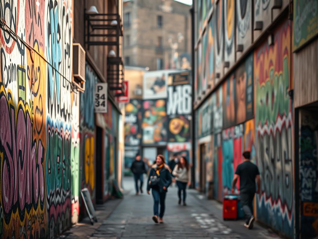 An outdoor mural-filled urban landscape in Berlin, Germany. Colorful and vibrant graffiti artwork on walls, buildings, and surfaces throughout the bustling city streets. A diverse range of styles, from abstract geometric patterns to photorealistic portraits and characters. Gritty, textured surfaces with a sense of history and human expression. Pedestrians casually exploring the streets, capturing the energy and authenticity of the local street art scene. Warm, natural lighting illuminates the vivid colors and details, creating a compelling, immersive visual experience. Captured with a high-resolution Sony A7R IV camera, utilizing a polarizer filter to enhance contrast and saturation, resulting in a sharp, hyperrealistic image.