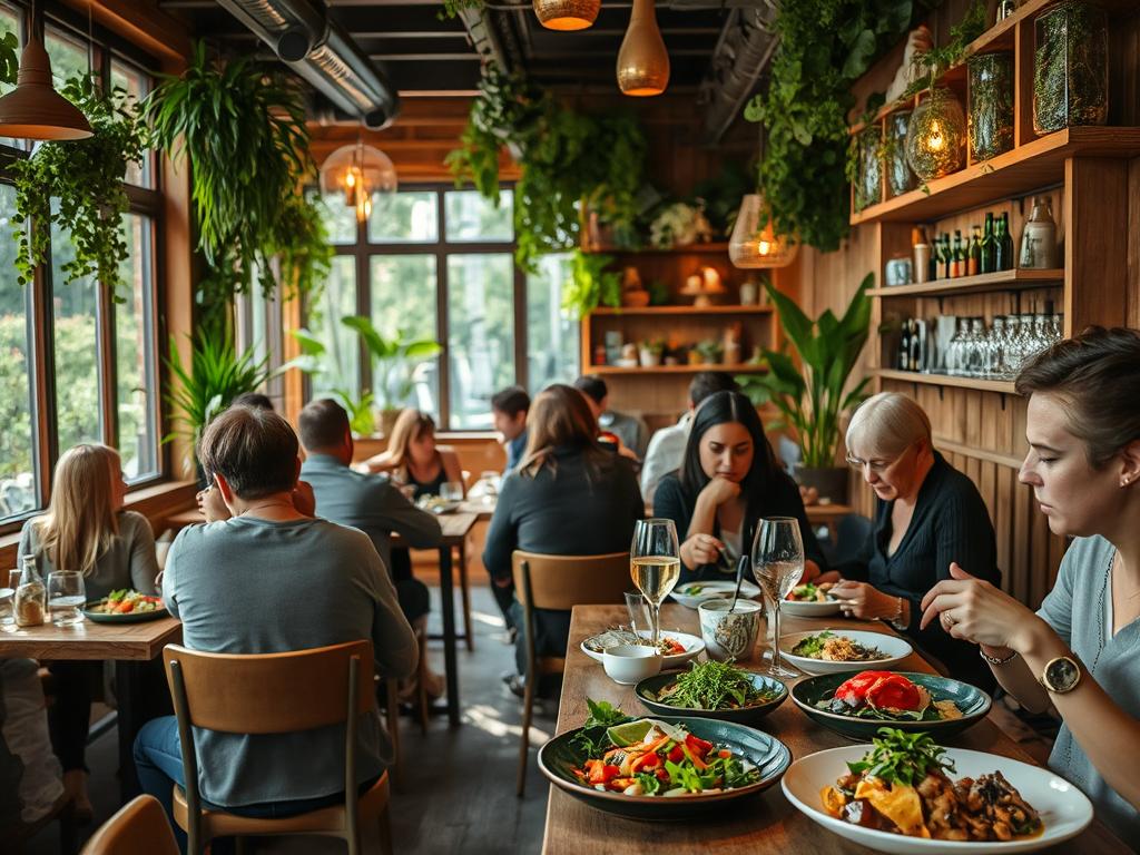 Vibrant and sustainable restaurant scene in Berlin, featuring a cozy interior with natural wood accents, warm lighting, and lush greenery. Patrons enjoying a diverse array of delectable vegan dishes, each plate a testament to ethical and environmentally conscious culinary practices. The atmosphere exudes a sense of community and mindful indulgence, inviting diners to savor the flavors while reflecting on the responsibility inherent in their choices. Shot on Sony A7R IV, clearly focused, sharply defined, polarizer filter, Hyperrealistic image.
