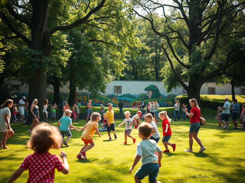 A lively scene of a children's program in Bürgerpark Pankow, captured in sharp detail. Families gather on the lush, green lawn, their faces alight with joy as they participate in engaging activities. In the foreground, a group of youngsters play a spirited game, their movements frozen in time. The middle ground reveals a vibrant mural adorning the park's walls, adding a touch of whimsy. Towering trees frame the scene, casting a warm, dappled light across the entire setting. The atmosphere exudes a sense of community and carefree recreation, perfectly encapsulating the family-friendly activities within Bürgerpark Pankow.