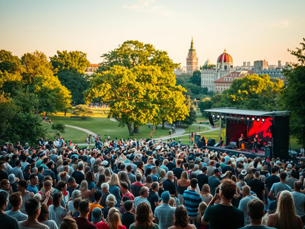 A serene summer evening in Berlin's Bürgerpark, illuminated by soft golden light. In the foreground, a crowd of people gathered, captivated by the live music performance on the stage. Vibrant colors, intricate details, and a sense of energy and joy fill the scene. The middle ground features the picturesque park landscape, with lush greenery, towering trees, and winding paths. In the background, the iconic architecture of the city's buildings provides a stunning backdrop. Shot on a Sony A7R IV, with a polarizer filter for rich, saturated colors and a clear, sharply focused perspective, this hyperrealistic image captures the essence of a cherished outdoor concert in the heart of Berlin's Bürgerpark.